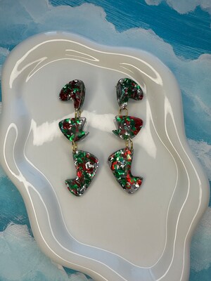 Handcrafted Resin Mid Century Modern Shaped Statement Earrings with Retro Christmas Glitter Flakes - image5